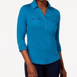 NWT XXL Karen Scott Crystal Teal Cotton Roll-Tab-Sleeve Knit Top